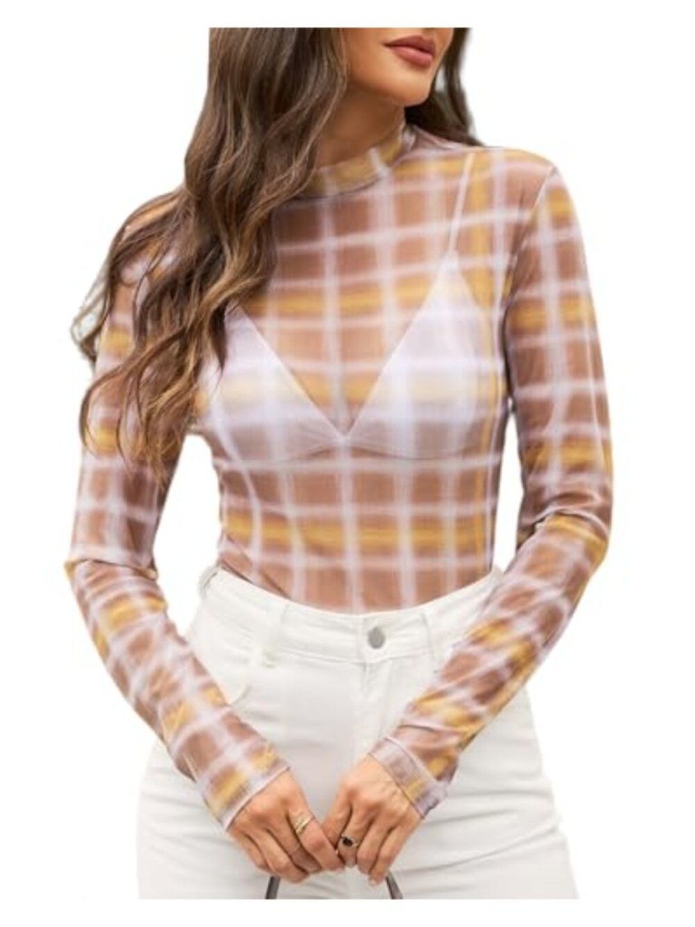 Women's Mesh Long Sleeve Mock Neck See Through Fitted Sheer Top Clubwear Party